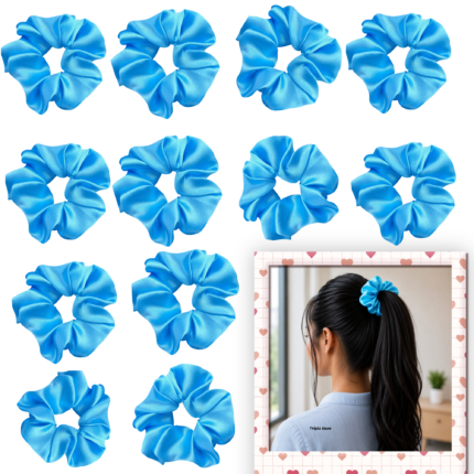 A collection of 12 blue satin hair scrunchies displayed together, showcasing their soft texture and vibrant color.