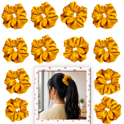 A collection of 12 satin hair scrunchies displayed together, showcasing their soft texture and vibrant color.