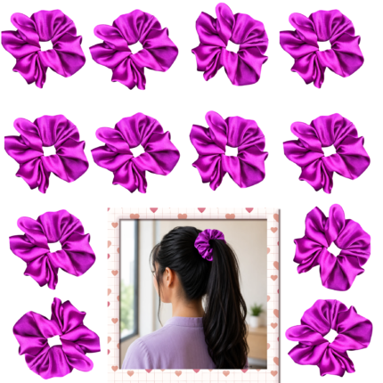 A collection of 12 satin hair scrunchies displayed together, showcasing their soft texture and vibrant color.