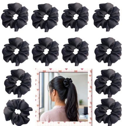 containing 12 satin scrunchies in various colors, designed for women's hair styling,ideal for women's hair accessories.