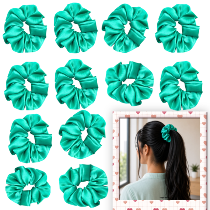 containing 12 satin scrunchies in various colors, designed for women's hair styling,ideal for women's hair accessories.