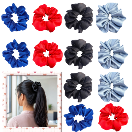 containing 12 satin scrunchies in various colors, designed for women's hair styling,ideal for women's hair accessories.