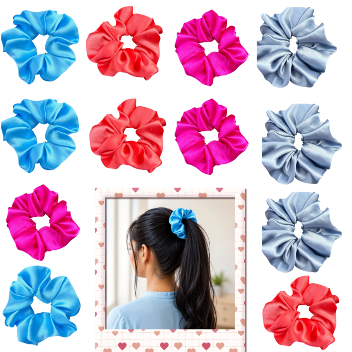 containing 12 satin scrunchies in various colors, designed for women's hair styling,ideal for women's hair accessories.