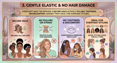 No Hair Damage & Gentle Elastic These soft hair ties provide a secure hold without pulling, tightness, or discomfort, making them ideal for everyday styling