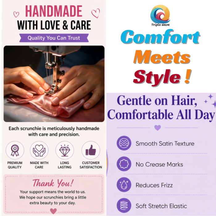 Promotional flyer showcasing satin scrunchies, emphasizing the blend of comfort and style for a hair salon