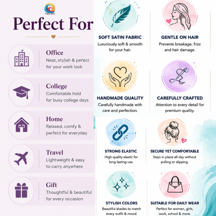 Infographic showcasing satin scrunchies for women, highlighting their benefits and styling tips.