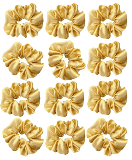 Pack of 12 Classic Scrunchies Set | Hair Bands for Women Stylish | Hair Care Gift items for Women | Suitable for All Hair Types |Fabric-Satin Silk| Color-Wax Gold