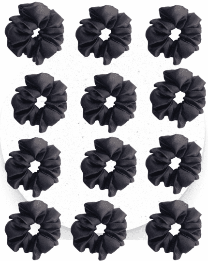 Pack of 12 Classic Scrunchies Set | Hair Bands for Women Stylish | Hair Care Gift items for Women | Suitable for All Hair Types |Fabric-Satin Silk| Color-Black