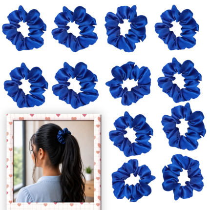 containing 12 satin scrunchies in various colors, designed for women's hair styling,ideal for women's hair accessories