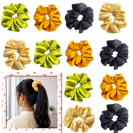 containing 12 satin scrunchies in various colors, designed for women's hair styling,ideal for women's hair accessories