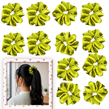containing 12 satin scrunchies in various colors, designed for women's hair styling,ideal for women's hair accessories