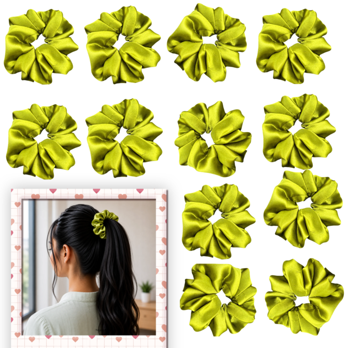 containing 12 satin scrunchies in various colors, designed for women's hair styling,ideal for women's hair accessories