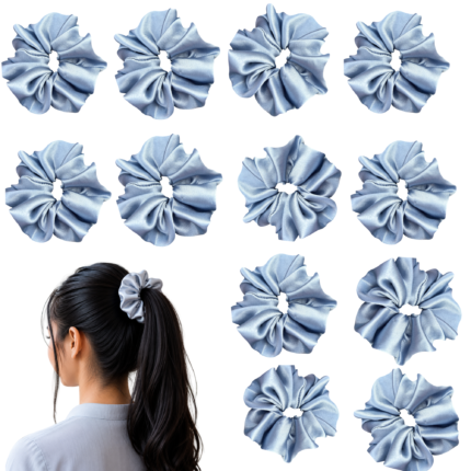 containing 12 satin scrunchies in various colors, designed for women's hair styling,ideal for women's hair accessories.