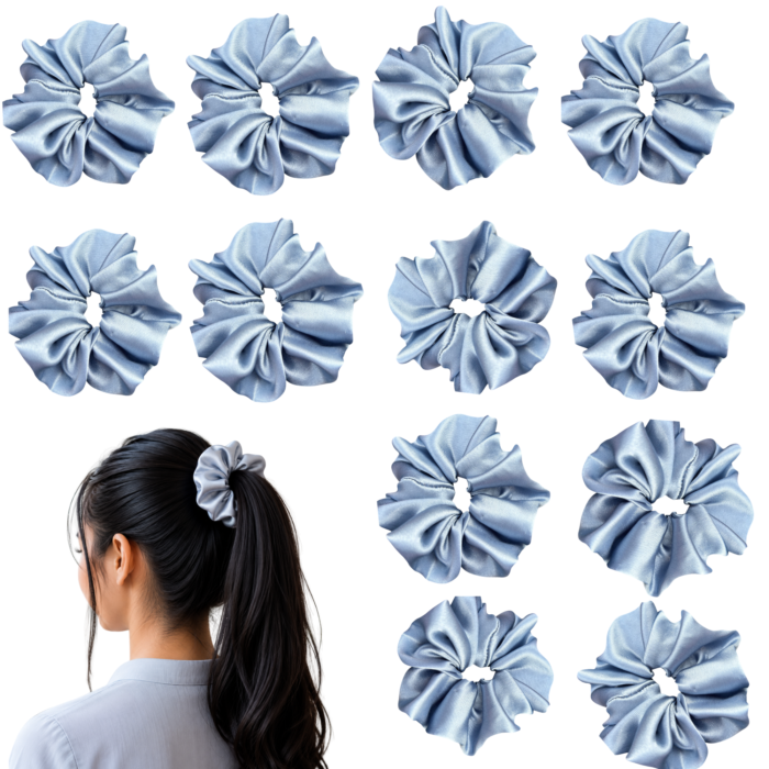 containing 12 satin scrunchies in various colors, designed for women's hair styling,ideal for women's hair accessories.