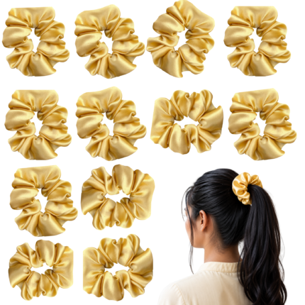 containing 12 satin scrunchies in various colors, designed for women's hair styling,ideal for women's hair accessories.