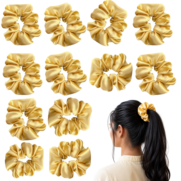 containing 12 satin scrunchies in various colors, designed for women's hair styling,ideal for women's hair accessories.